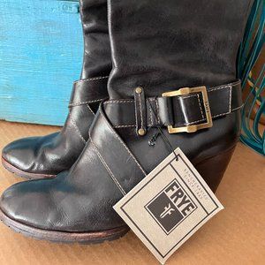 9.5 Andrea FRYE Knee High Buckle Black Leather Boots